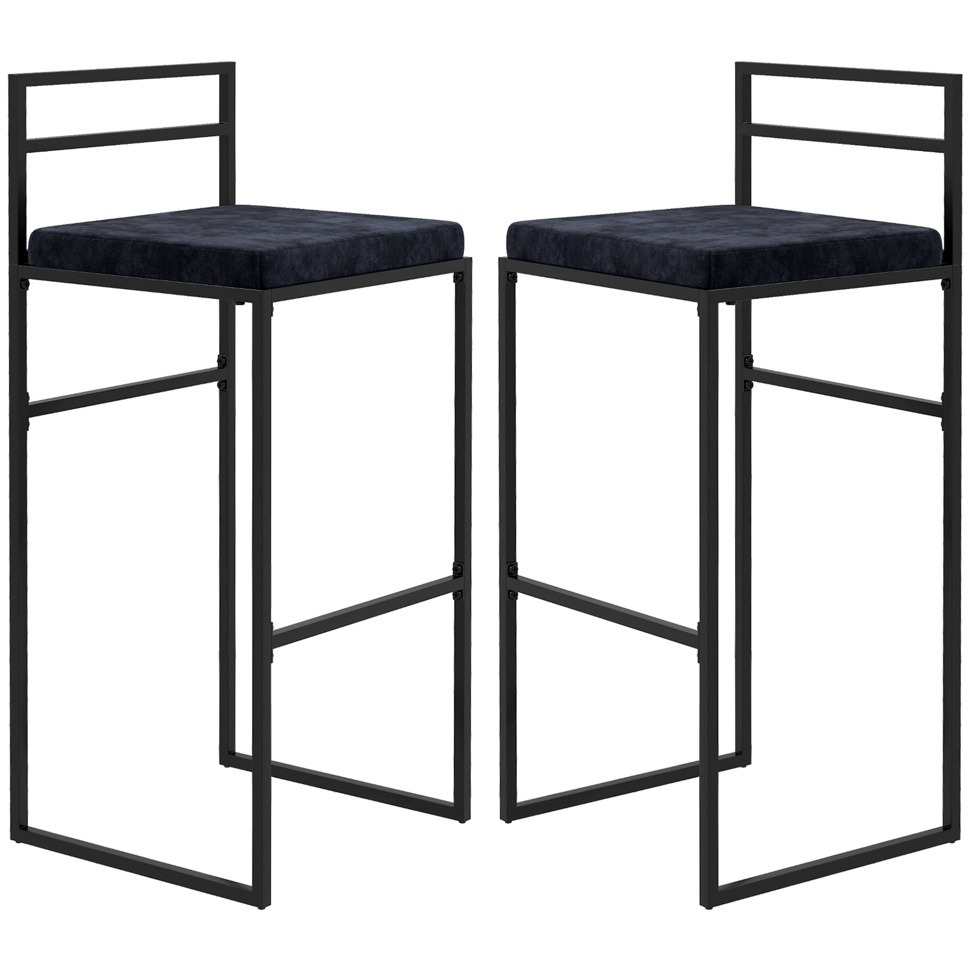 Set of 2 high chairs, bar stools, 74 cm height, steel structure, velvet seat cushion, footrest, bar chairs, elegant modern style, black