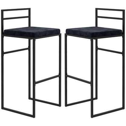 Set of 2 high chairs, bar stools, 74 cm height, steel structure, velvet seat cushion, footrest, bar chairs, elegant modern style, black
