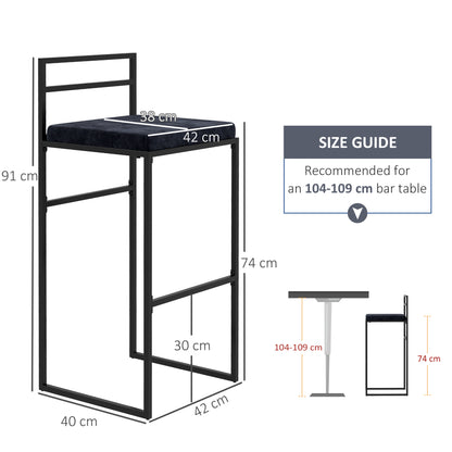 Set of 2 high chairs, bar stools, 74 cm height, steel structure, velvet seat cushion, footrest, bar chairs, elegant modern style, black