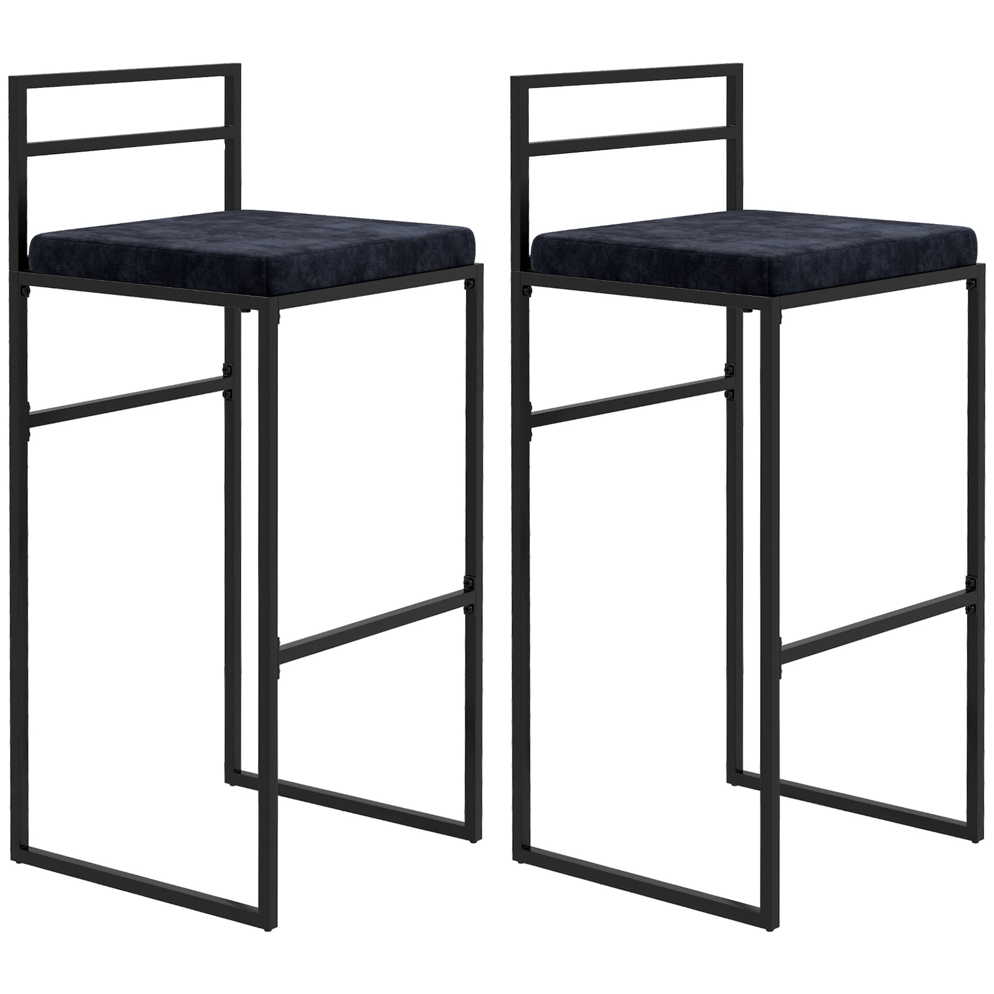 Set of 2 high chairs, bar stools, 74 cm height, steel structure, velvet seat cushion, footrest, bar chairs, elegant modern style, black