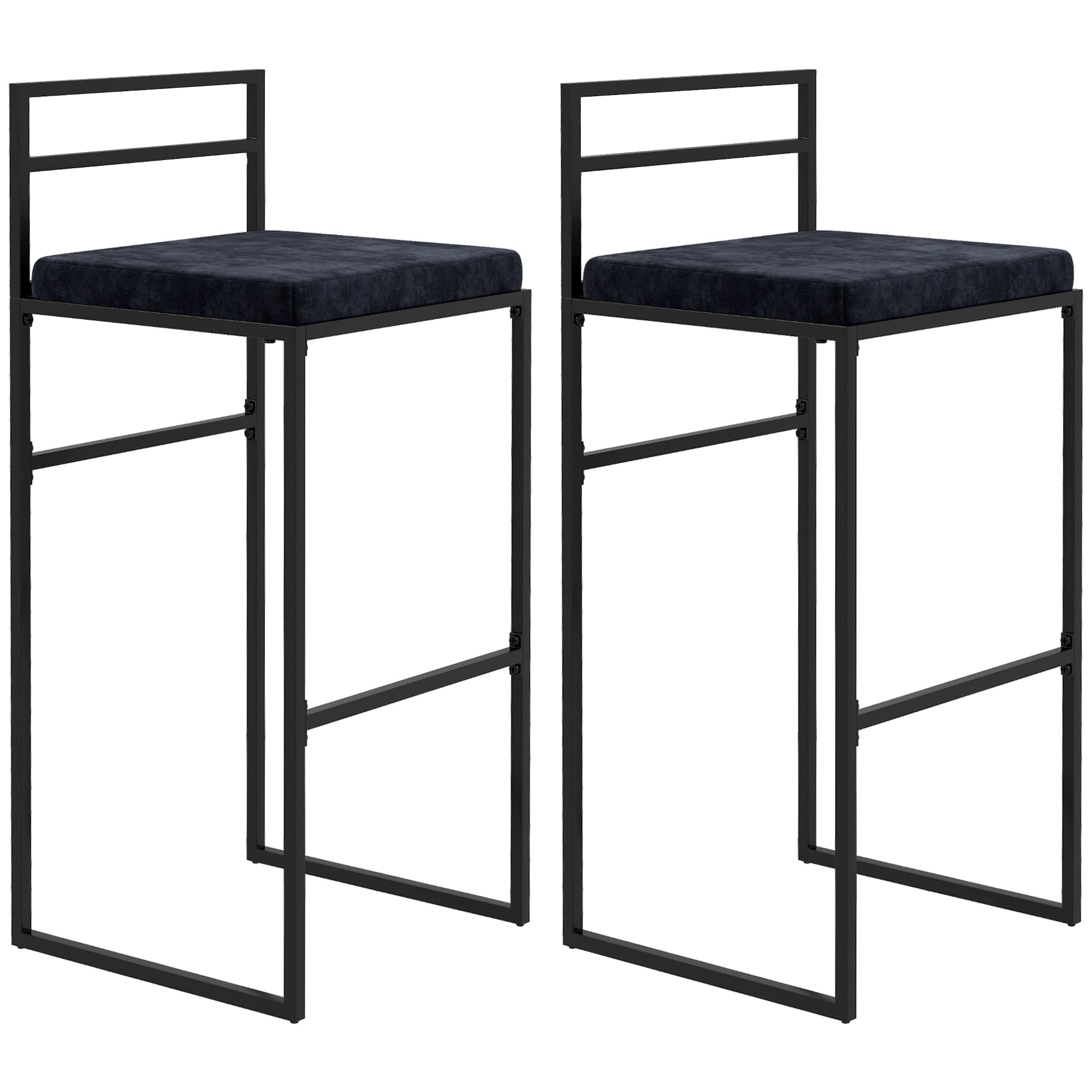 Set of 2 high chairs, bar stools, 74 cm height, steel structure, velvet seat cushion, footrest, bar chairs, elegant modern style, black
