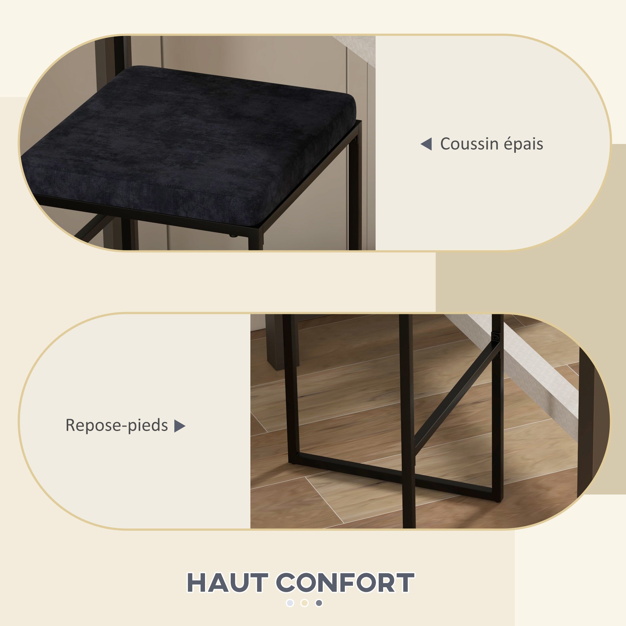 Set of 2 high chairs, bar stools, 74 cm height, steel structure, velvet seat cushion, footrest, bar chairs, elegant modern style, black