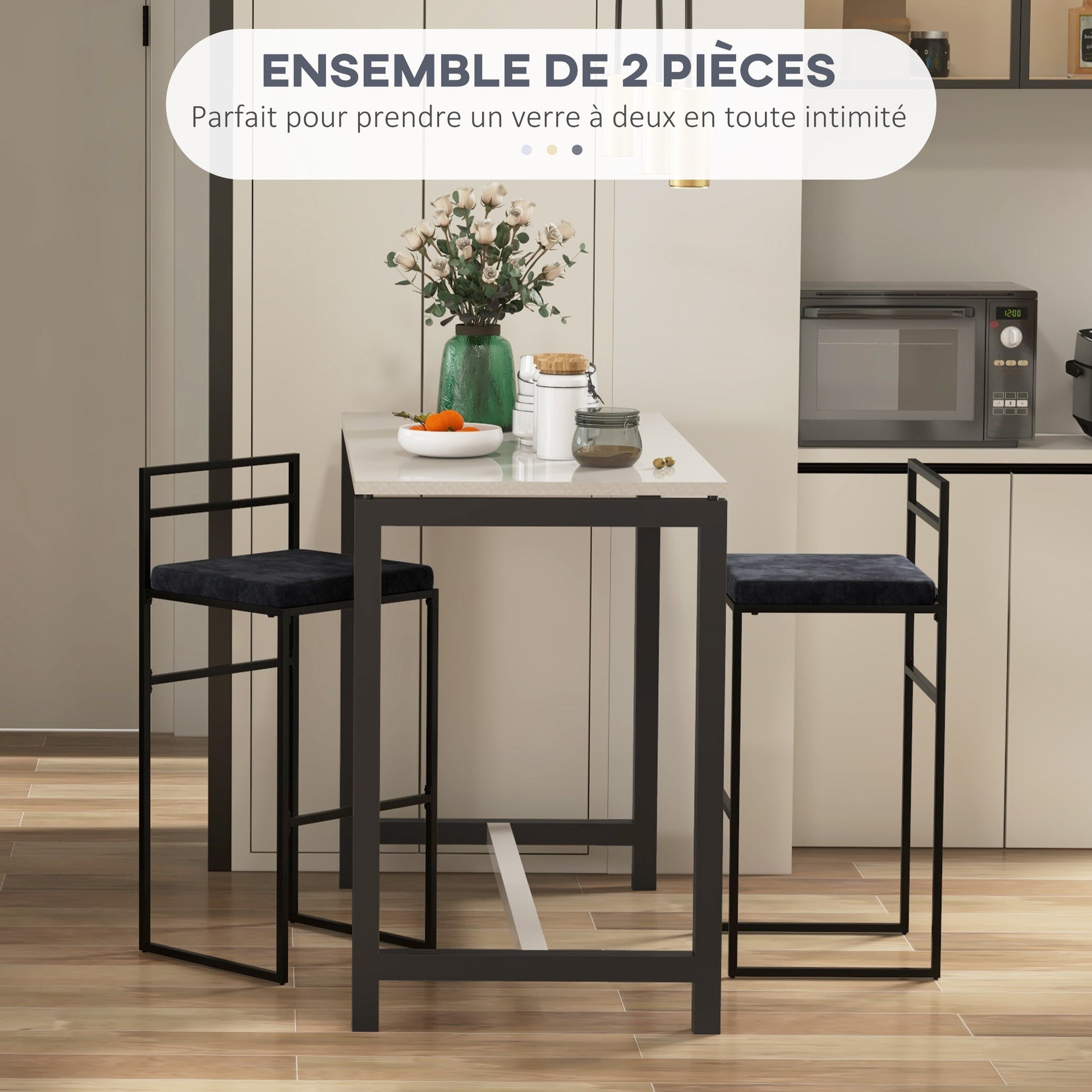Set of 2 high chairs, bar stools, 74 cm height, steel structure, velvet seat cushion, footrest, bar chairs, elegant modern style, black