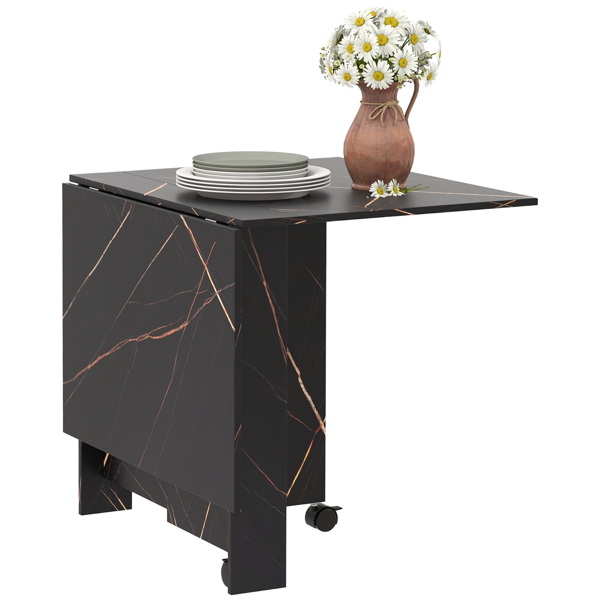 Folding Kitchen Table, Foldable Dining Table, with 2 Drop Leaves, 2 Wheels with Brakes, for 6 People, Load 20 kg, 120 x 80 x 73 cm, Marbled Black Imitation