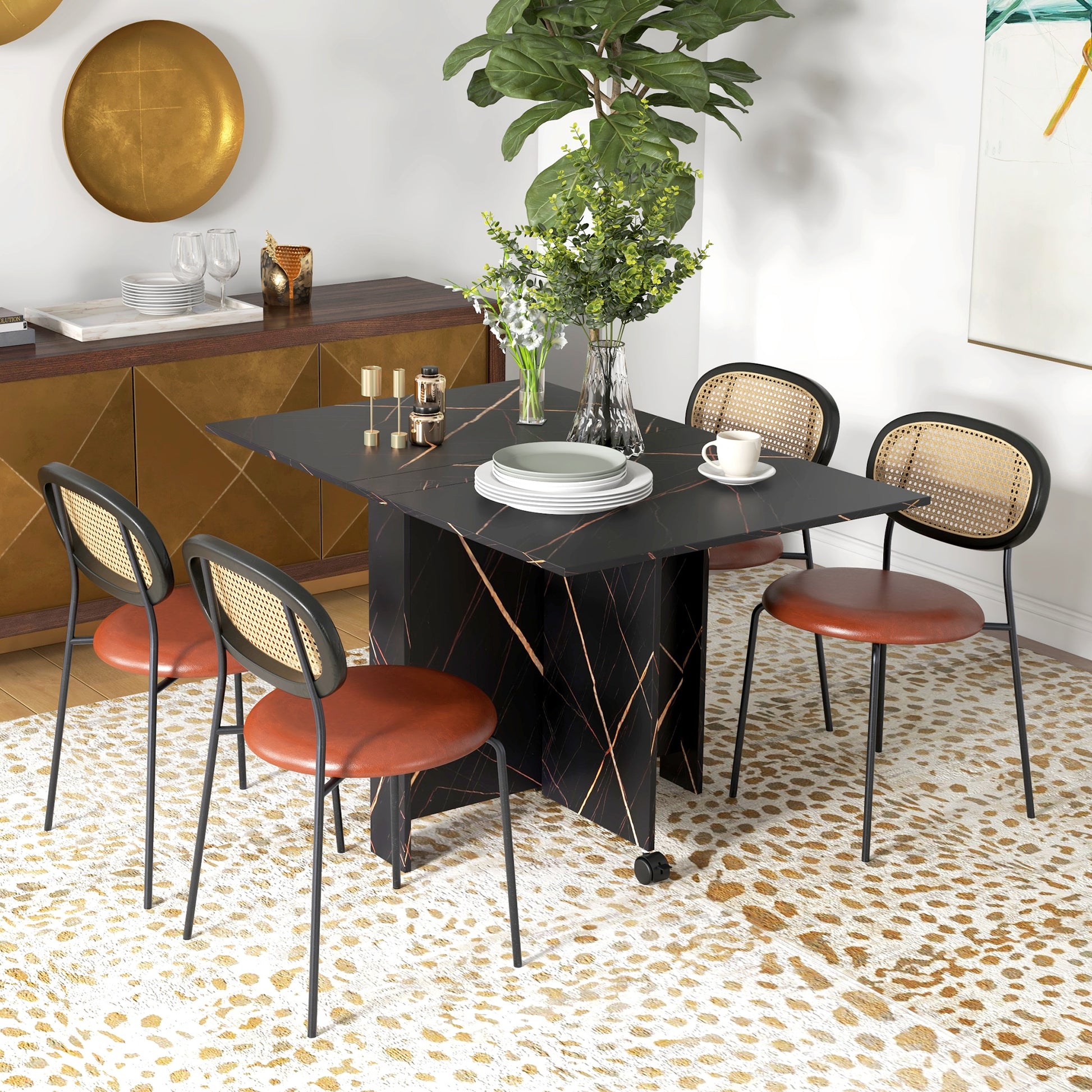Folding Kitchen Table, Foldable Dining Table, with 2 Drop Leaves, 2 Wheels with Brakes, for 6 People, Load 20 kg, 120 x 80 x 73 cm, Marbled Black Imitation