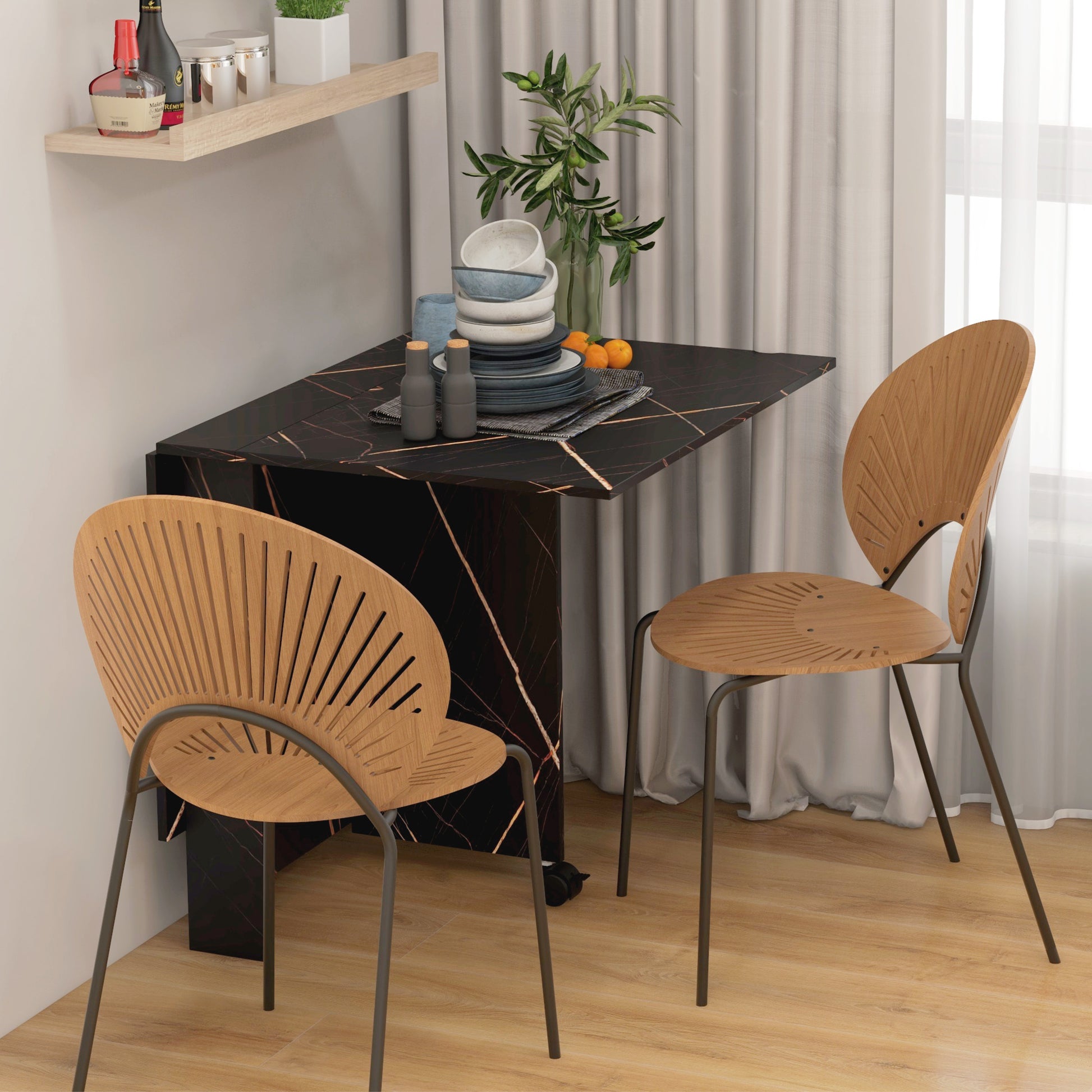 Folding Kitchen Table, Foldable Dining Table, with 2 Drop Leaves, 2 Wheels with Brakes, for 6 People, Load 20 kg, 120 x 80 x 73 cm, Marbled Black Imitation