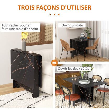 Folding Kitchen Table, Foldable Dining Table, with 2 Drop Leaves, 2 Wheels with Brakes, for 6 People, Load 20 kg, 120 x 80 x 73 cm, Marbled Black Imitation