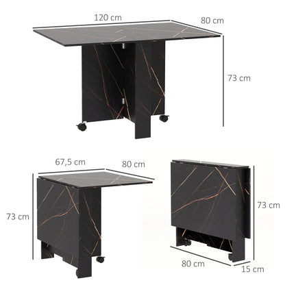 Folding Kitchen Table, Foldable Dining Table, with 2 Drop Leaves, 2 Wheels with Brakes, for 6 People, Load 20 kg, 120 x 80 x 73 cm, Marbled Black Imitation