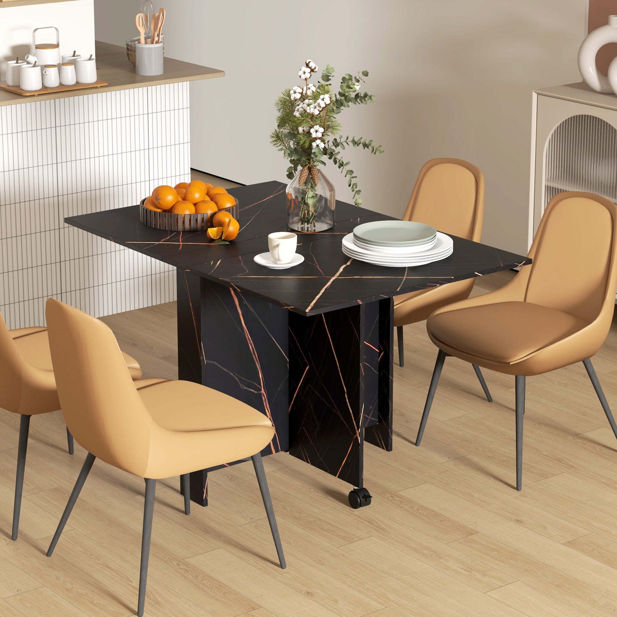 Folding Kitchen Table, Foldable Dining Table, with 2 Drop Leaves, 2 Wheels with Brakes, for 6 People, Load 20 kg, 120 x 80 x 73 cm, Marbled Black Imitation