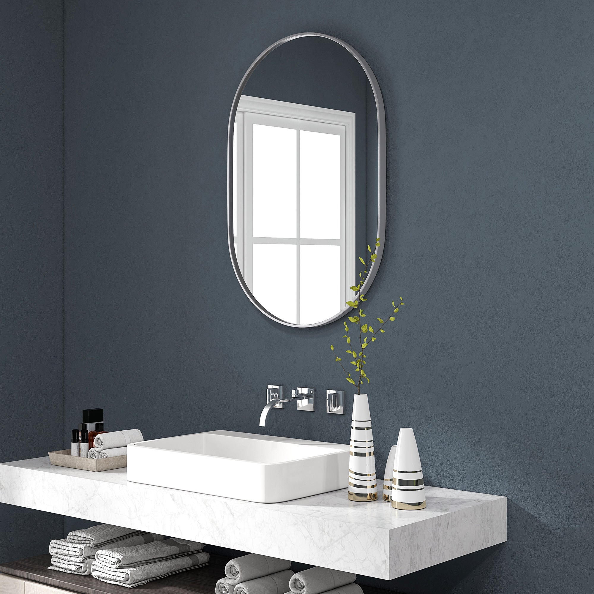 Oval Bathroom Mirror 60x90 cm with Aluminum Frame Decorative Wall Mirror Horizontal or Vertical for Living Room Entryway Hallway Silver