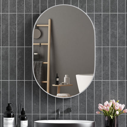 Oval Bathroom Mirror 60x90 cm with Aluminum Frame Decorative Wall Mirror Horizontal or Vertical for Living Room Entryway Hallway Silver