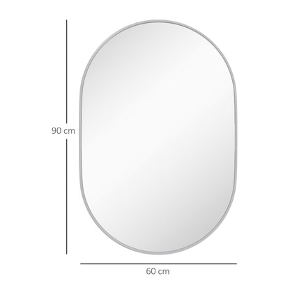 Oval Bathroom Mirror 60x90 cm with Aluminum Frame Decorative Wall Mirror Horizontal or Vertical for Living Room Entryway Hallway Silver