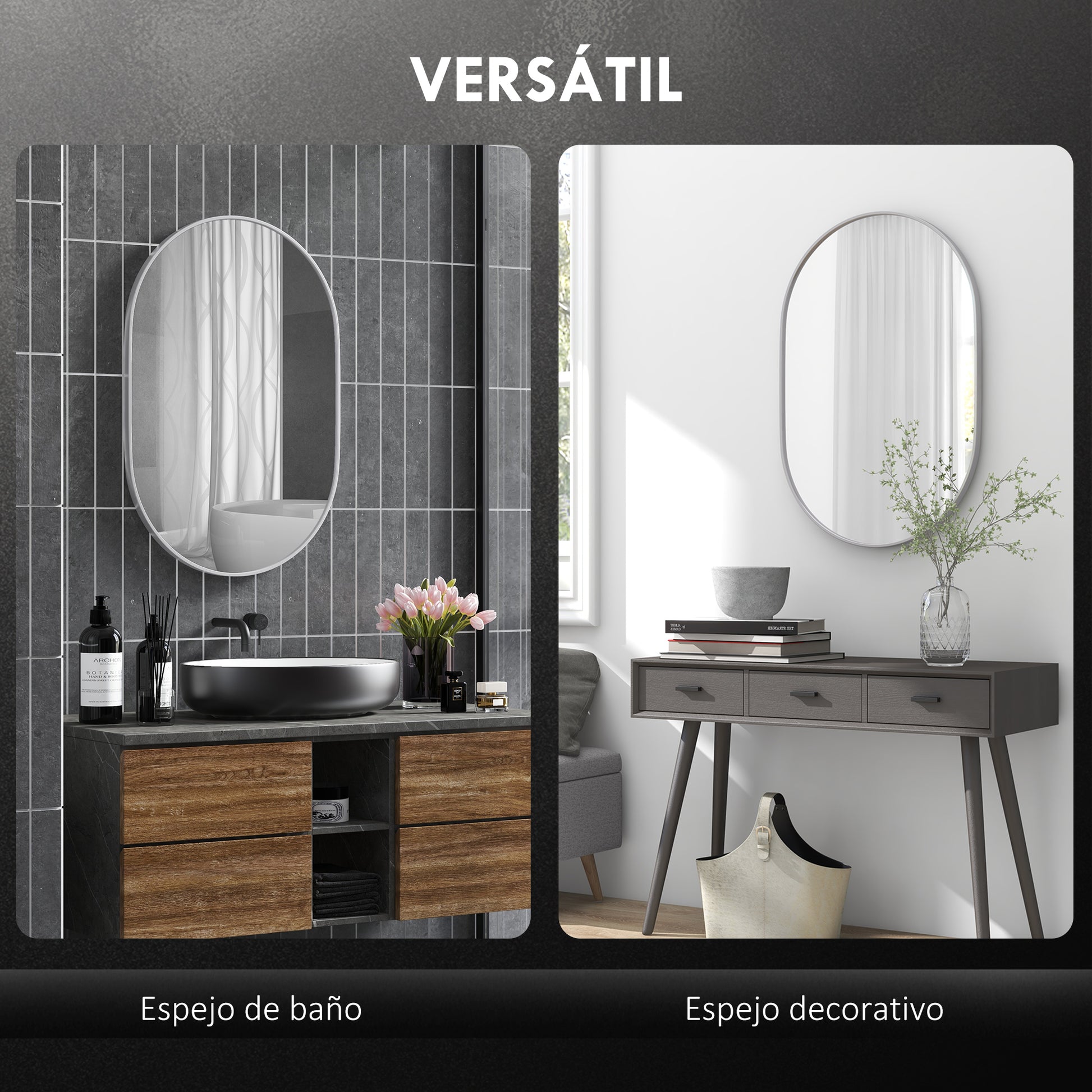 Oval Bathroom Mirror 60x90 cm with Aluminum Frame Decorative Wall Mirror Horizontal or Vertical for Living Room Entryway Hallway Silver