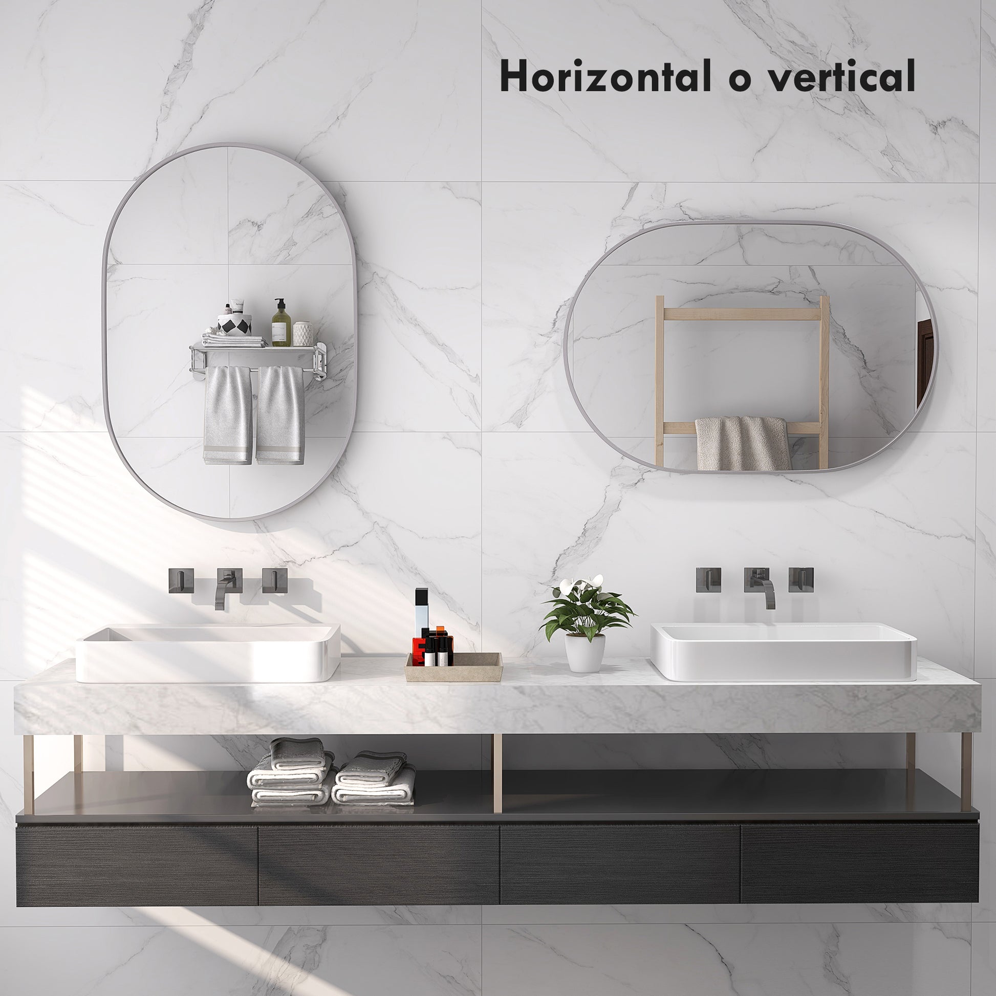Oval Bathroom Mirror 60x90 cm with Aluminum Frame Decorative Wall Mirror Horizontal or Vertical for Living Room Entryway Hallway Silver