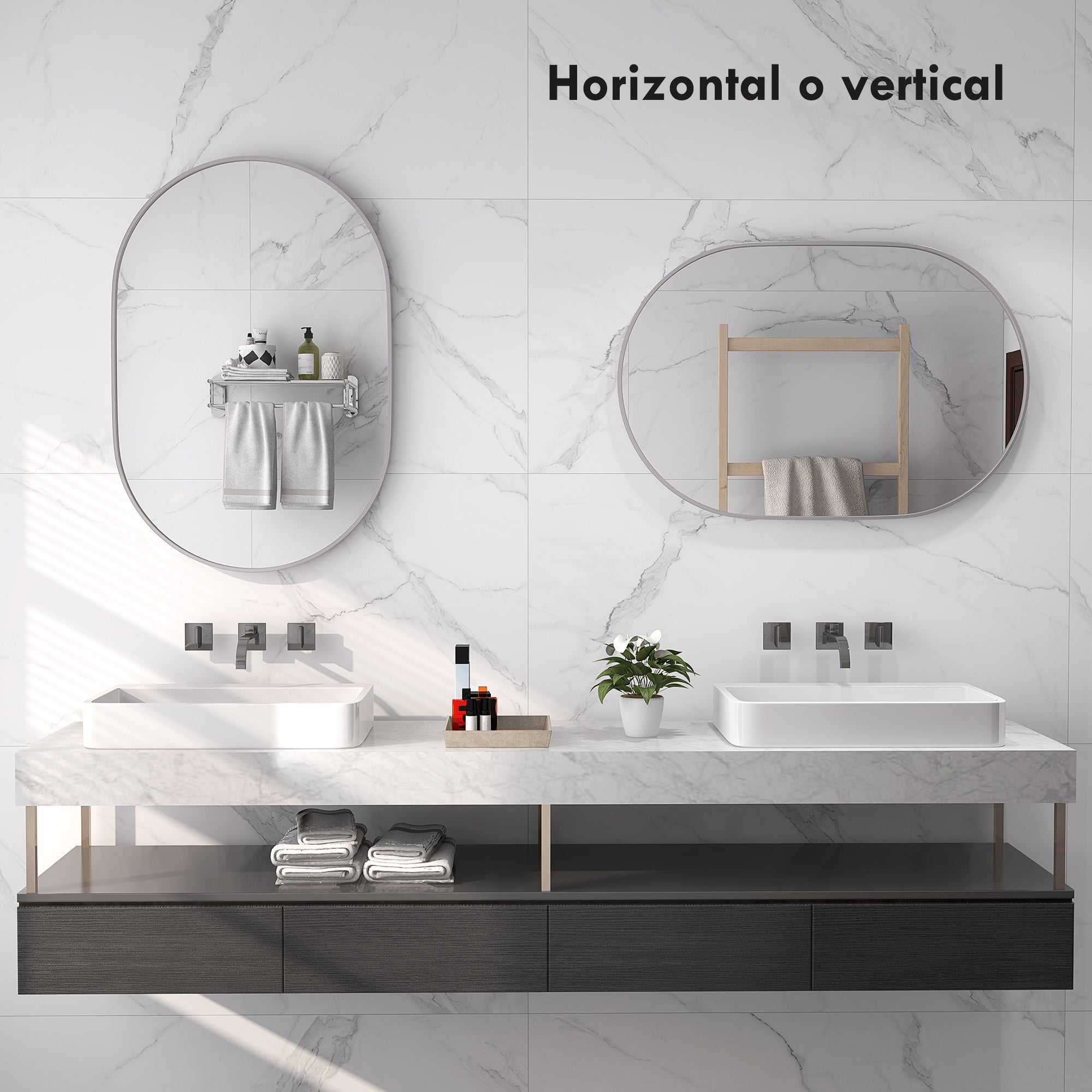 Oval Bathroom Mirror 60x90 cm with Aluminum Frame Decorative Wall Mirror Horizontal or Vertical for Living Room Entryway Hallway Silver