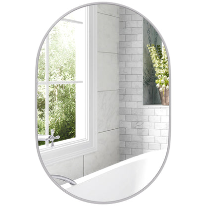 Oval Bathroom Mirror 60x90 cm with Aluminum Frame Decorative Wall Mirror Horizontal or Vertical for Living Room Entryway Hallway Silver
