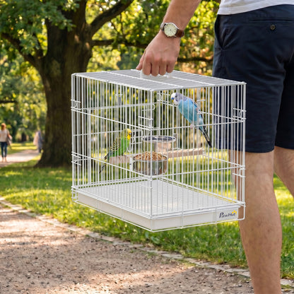 Collapsible Bird Cage with Wooden Perch, 2 Stainless Bowls & Carry Handle — Steel Cage with Removable Tray for Budgies & Cockatiels, White, 49 x 31 x 40 cm (19.3 x 12.2 x 15.7 in)
