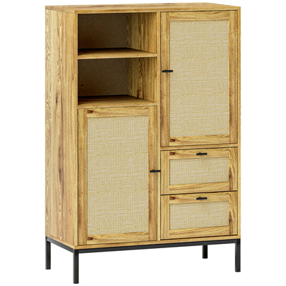 Chest of Drawers, Storage Cabinet with Rattan Doors, Multipurpose Cabinet with Drawers and Adjustable Shelves, Metal Frame, for Living Room, Bedroom, Dining Room, 80 x 40 x 120 cm, Natural Wood
