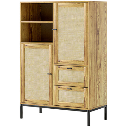 Chest of Drawers, Storage Cabinet with Rattan Doors, Multipurpose Cabinet with Drawers and Adjustable Shelves, Metal Frame, for Living Room, Bedroom, Dining Room, 80 x 40 x 120 cm, Natural Wood