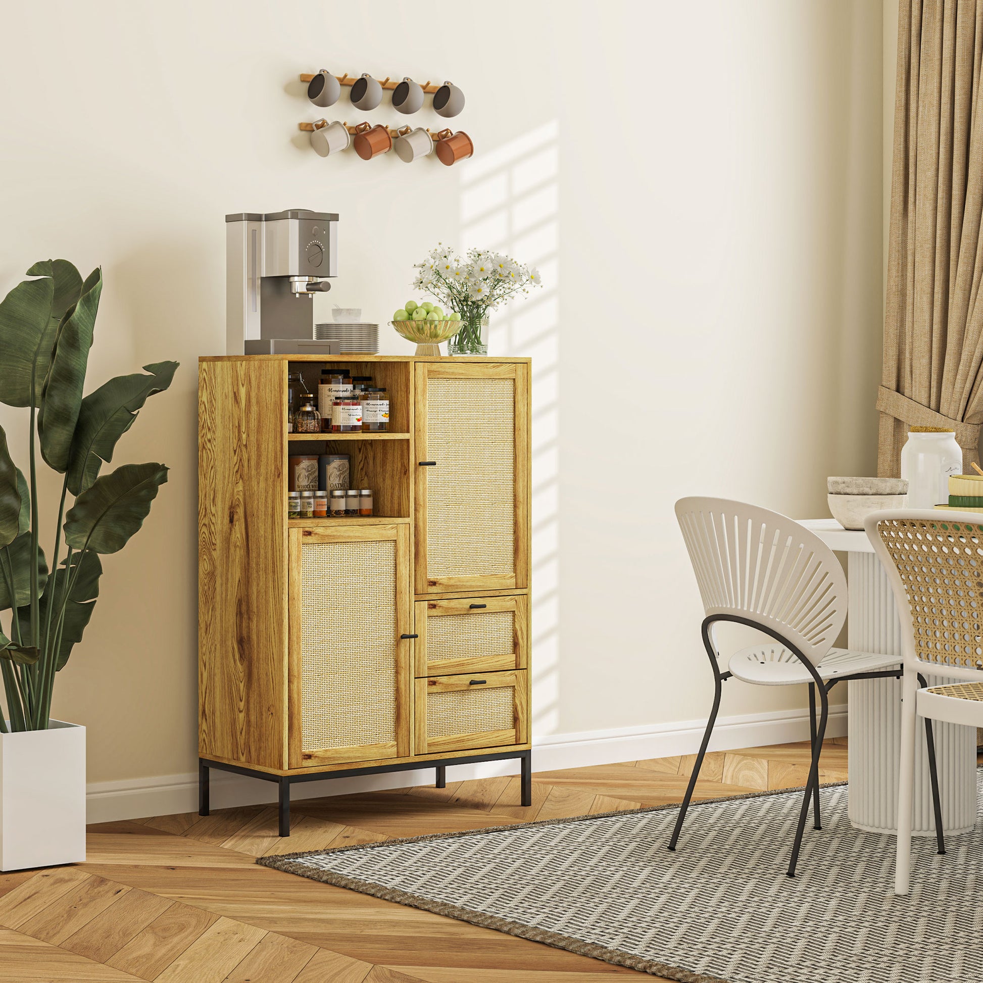 Chest of Drawers, Storage Cabinet with Rattan Doors, Multipurpose Cabinet with Drawers and Adjustable Shelves, Metal Frame, for Living Room, Bedroom, Dining Room, 80 x 40 x 120 cm, Natural Wood