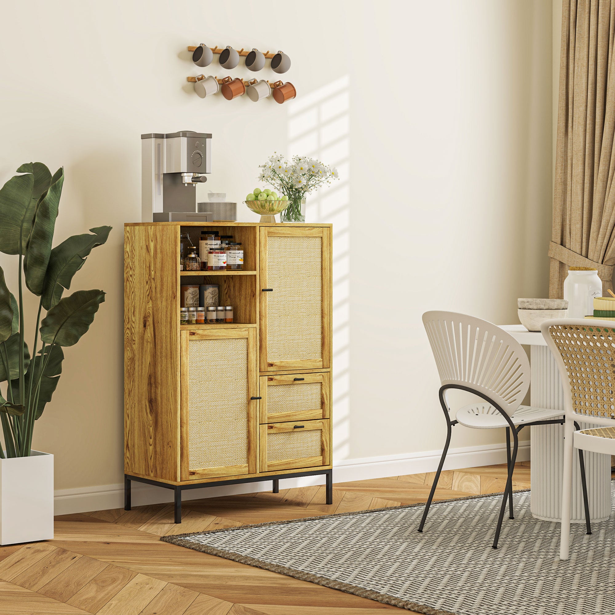 Chest of Drawers, Storage Cabinet with Rattan Doors, Multipurpose Cabinet with Drawers and Adjustable Shelves, Metal Frame, for Living Room, Bedroom, Dining Room, 80 x 40 x 120 cm, Natural Wood