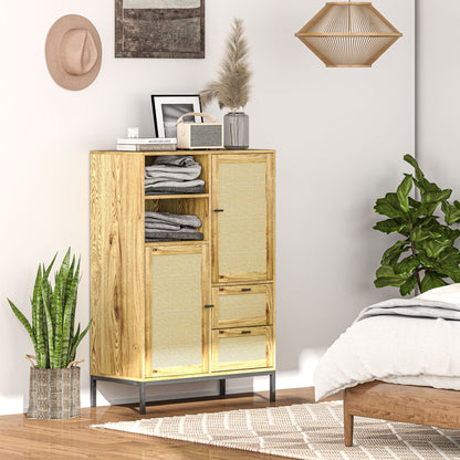 Chest of Drawers, Storage Cabinet with Rattan Doors, Multipurpose Cabinet with Drawers and Adjustable Shelves, Metal Frame, for Living Room, Bedroom, Dining Room, 80 x 40 x 120 cm, Natural Wood
