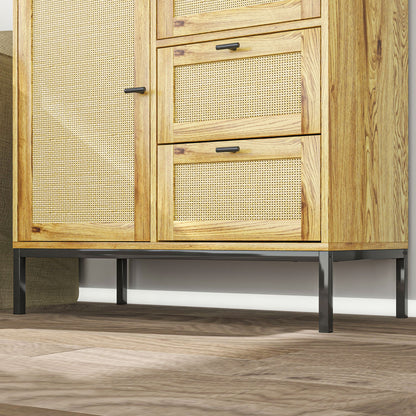 Chest of Drawers, Storage Cabinet with Rattan Doors, Multipurpose Cabinet with Drawers and Adjustable Shelves, Metal Frame, for Living Room, Bedroom, Dining Room, 80 x 40 x 120 cm, Natural Wood