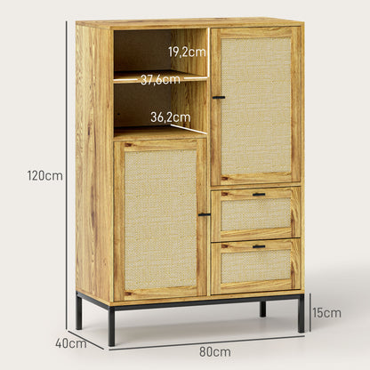 Chest of Drawers, Storage Cabinet with Rattan Doors, Multipurpose Cabinet with Drawers and Adjustable Shelves, Metal Frame, for Living Room, Bedroom, Dining Room, 80 x 40 x 120 cm, Natural Wood