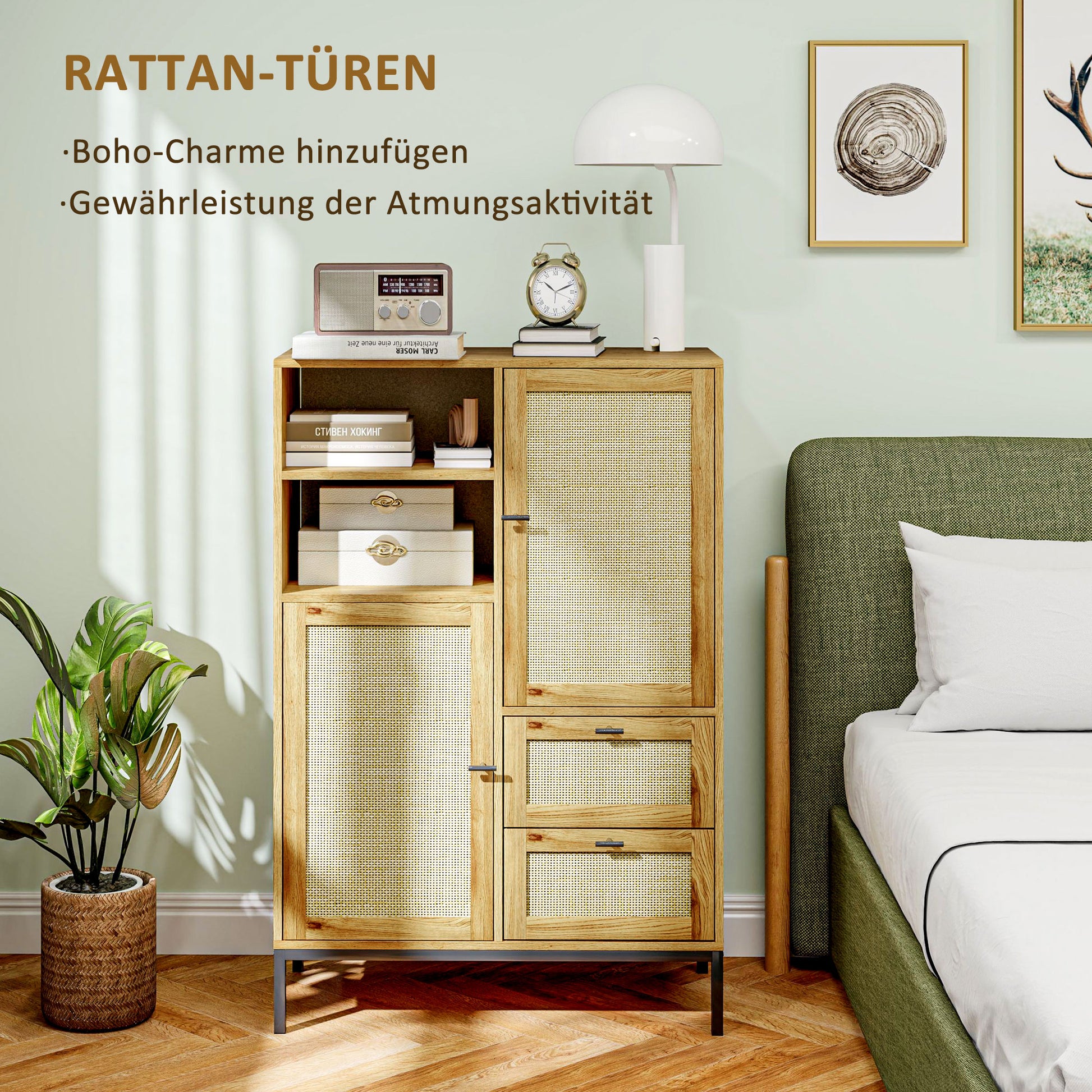 Chest of Drawers, Storage Cabinet with Rattan Doors, Multipurpose Cabinet with Drawers and Adjustable Shelves, Metal Frame, for Living Room, Bedroom, Dining Room, 80 x 40 x 120 cm, Natural Wood