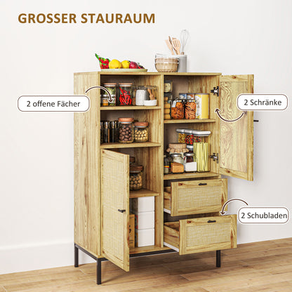 Chest of Drawers, Storage Cabinet with Rattan Doors, Multipurpose Cabinet with Drawers and Adjustable Shelves, Metal Frame, for Living Room, Bedroom, Dining Room, 80 x 40 x 120 cm, Natural Wood