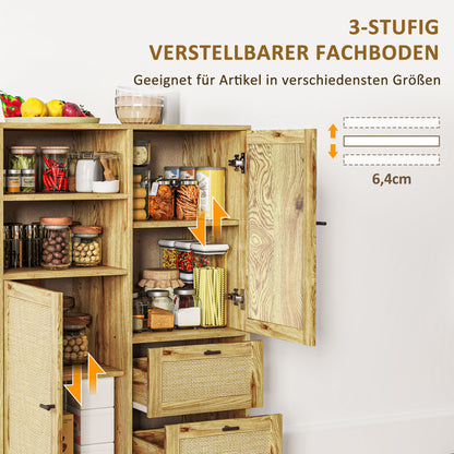 Chest of Drawers, Storage Cabinet with Rattan Doors, Multipurpose Cabinet with Drawers and Adjustable Shelves, Metal Frame, for Living Room, Bedroom, Dining Room, 80 x 40 x 120 cm, Natural Wood