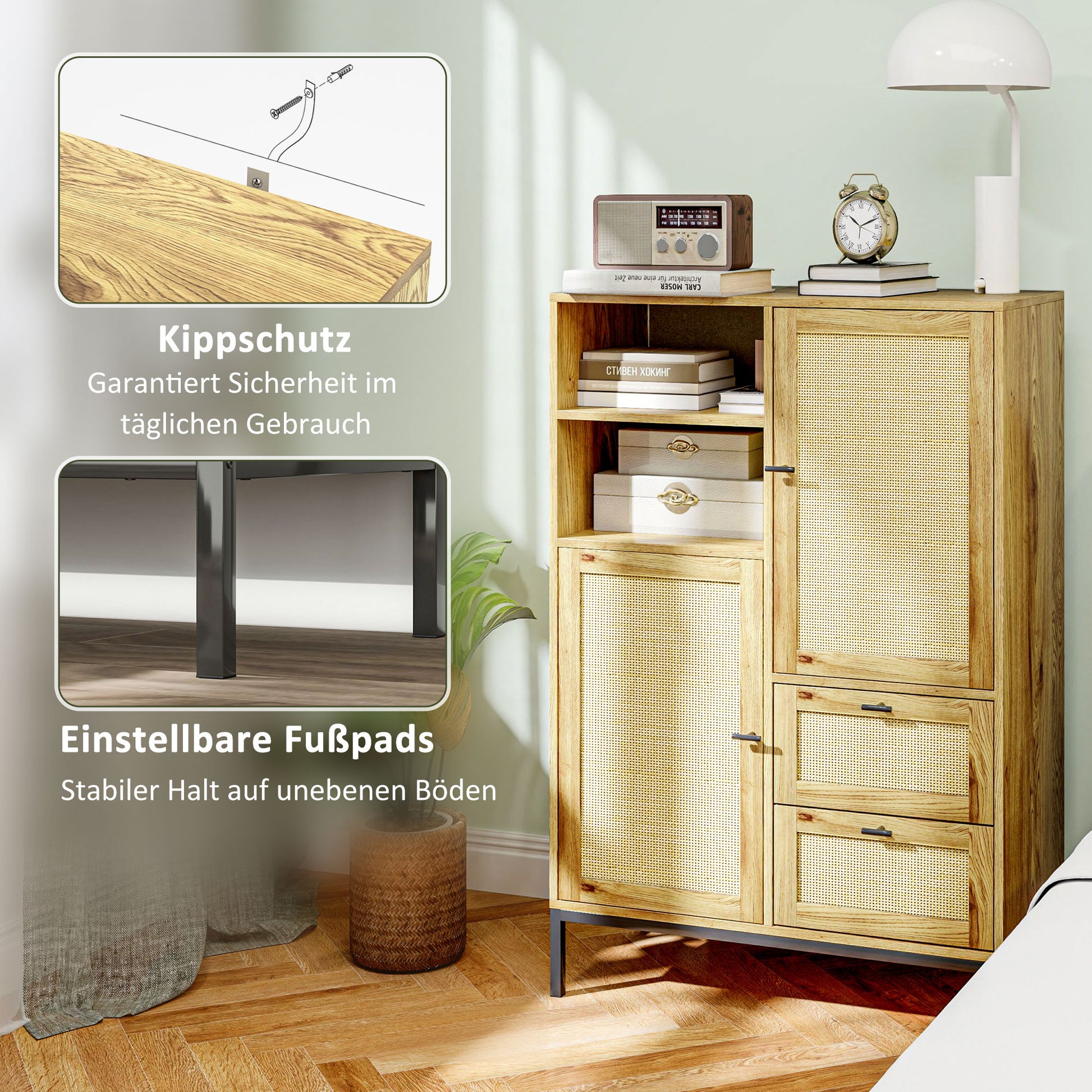 Chest of Drawers, Storage Cabinet with Rattan Doors, Multipurpose Cabinet with Drawers and Adjustable Shelves, Metal Frame, for Living Room, Bedroom, Dining Room, 80 x 40 x 120 cm, Natural Wood
