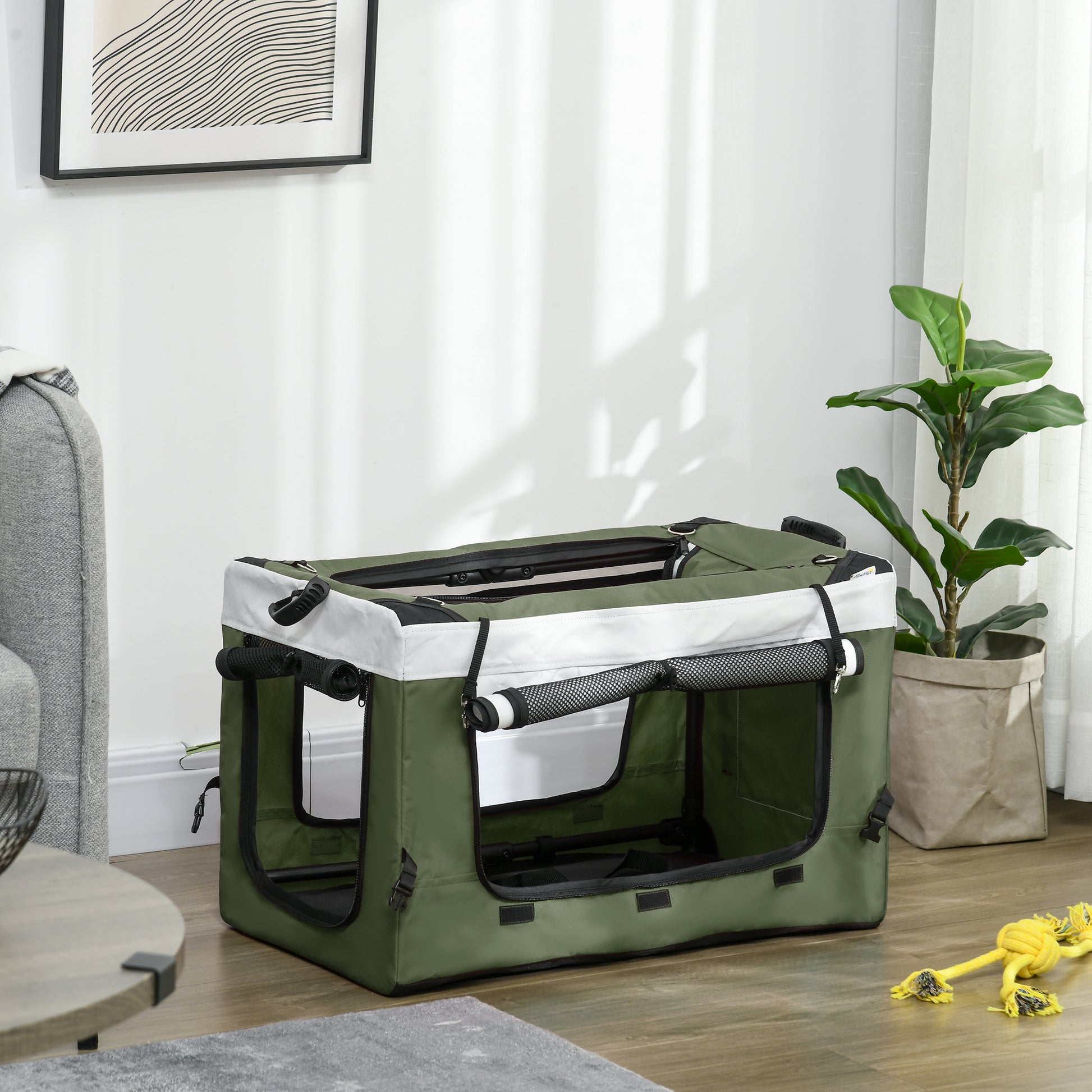 2 in 1 Dog Stroller Pet Buggy Foldable for Dogs & Cats up to 10 kg Cat Buggy with Cushion Mesh Windows Doors Storage Basket Cat Carriage Buggy Dark Green