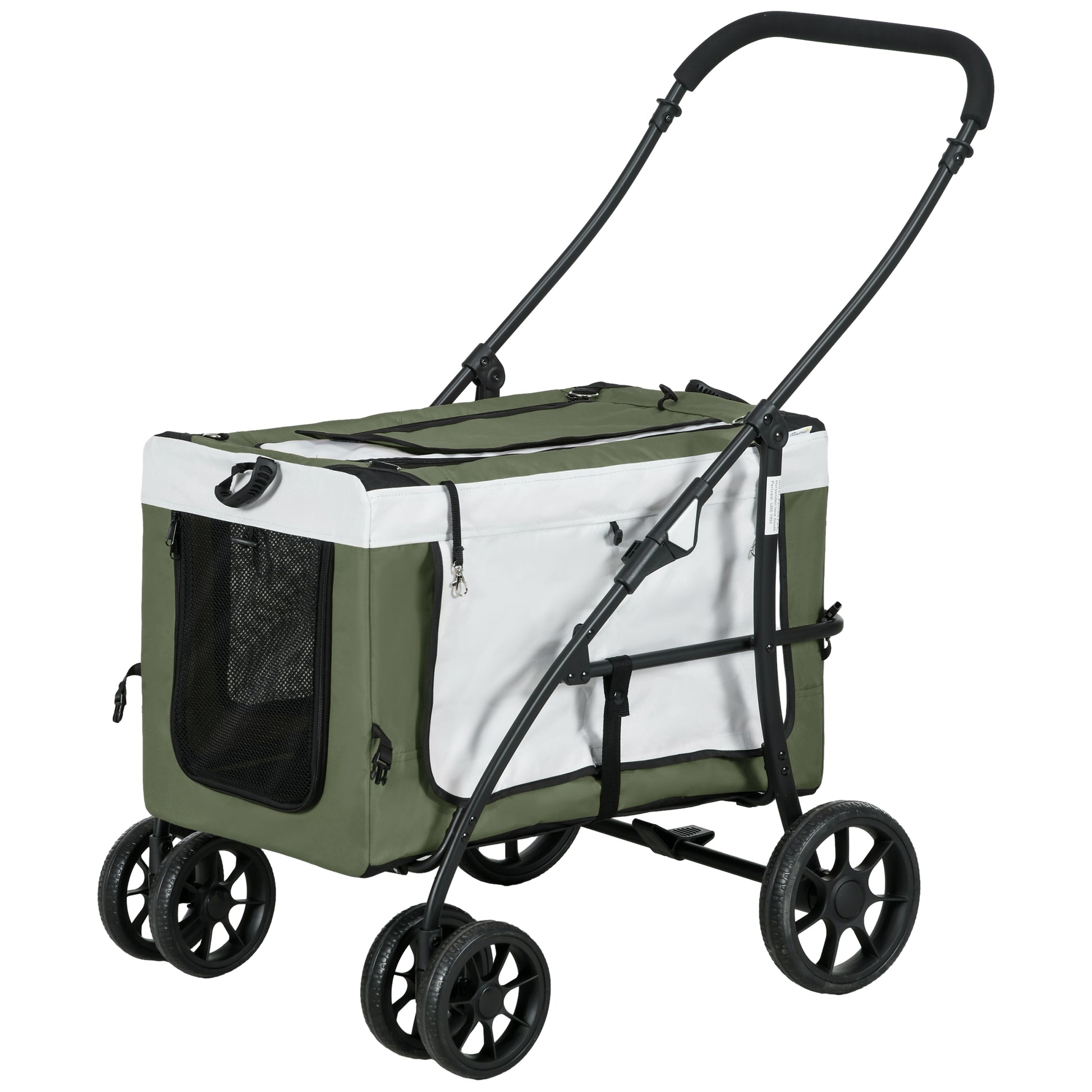 2 in 1 Dog Stroller Pet Buggy Foldable for Dogs & Cats up to 10 kg Cat Buggy with Cushion Mesh Windows Doors Storage Basket Cat Carriage Buggy Dark Green