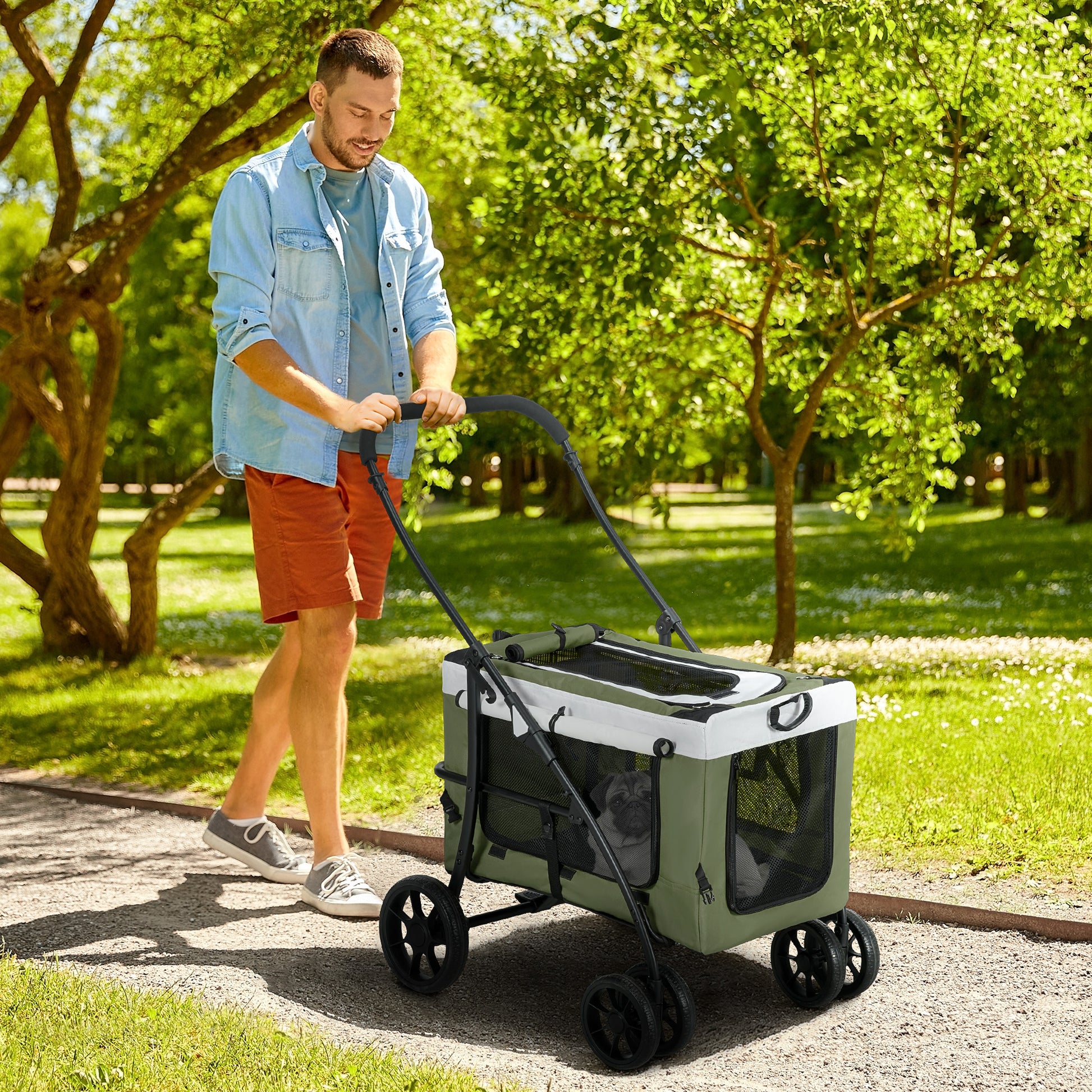 2 in 1 Dog Stroller Pet Buggy Foldable for Dogs & Cats up to 10 kg Cat Buggy with Cushion Mesh Windows Doors Storage Basket Cat Carriage Buggy Dark Green