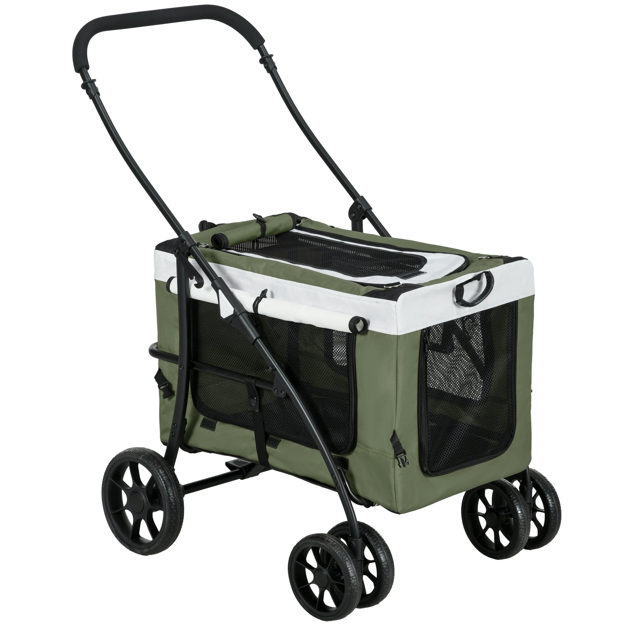 2 in 1 Dog Stroller Pet Buggy Foldable for Dogs & Cats up to 10 kg Cat Buggy with Cushion Mesh Windows Doors Storage Basket Cat Carriage Buggy Dark Green