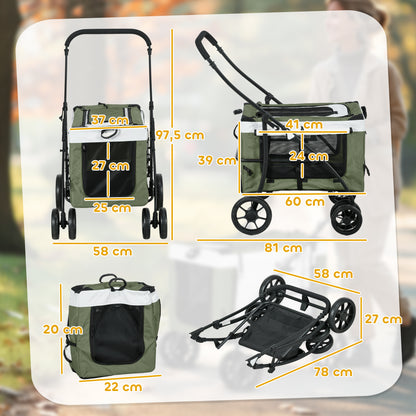 2 in 1 Dog Stroller Pet Buggy Foldable for Dogs & Cats up to 10 kg Cat Buggy with Cushion Mesh Windows Doors Storage Basket Cat Carriage Buggy Dark Green