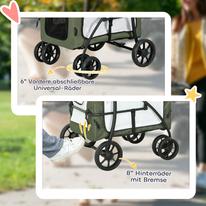 2 in 1 Dog Stroller Pet Buggy Foldable for Dogs & Cats up to 10 kg Cat Buggy with Cushion Mesh Windows Doors Storage Basket Cat Carriage Buggy Dark Green