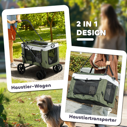 2 in 1 Dog Stroller Pet Buggy Foldable for Dogs & Cats up to 10 kg Cat Buggy with Cushion Mesh Windows Doors Storage Basket Cat Carriage Buggy Dark Green