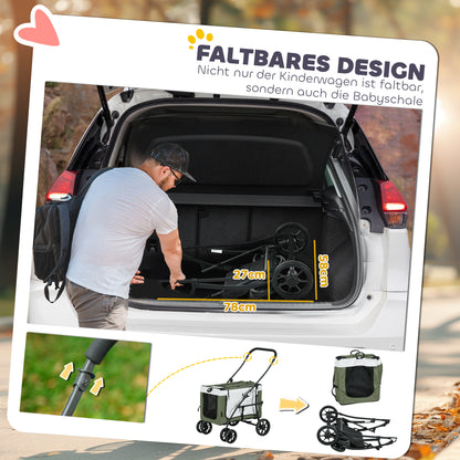 2 in 1 Dog Stroller Pet Buggy Foldable for Dogs & Cats up to 10 kg Cat Buggy with Cushion Mesh Windows Doors Storage Basket Cat Carriage Buggy Dark Green