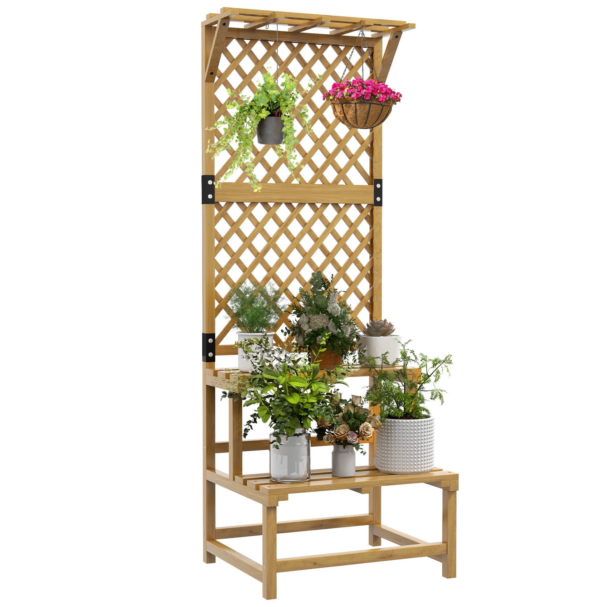 2-Tier Plant Stand with Trellis, 166 cm High Flower Stand for Indoor Outdoor, Wooden Plant Rack, Multi-tier Flower Stand, Flower Stairs for Living Room, Garden Balcony Decor, Yellow