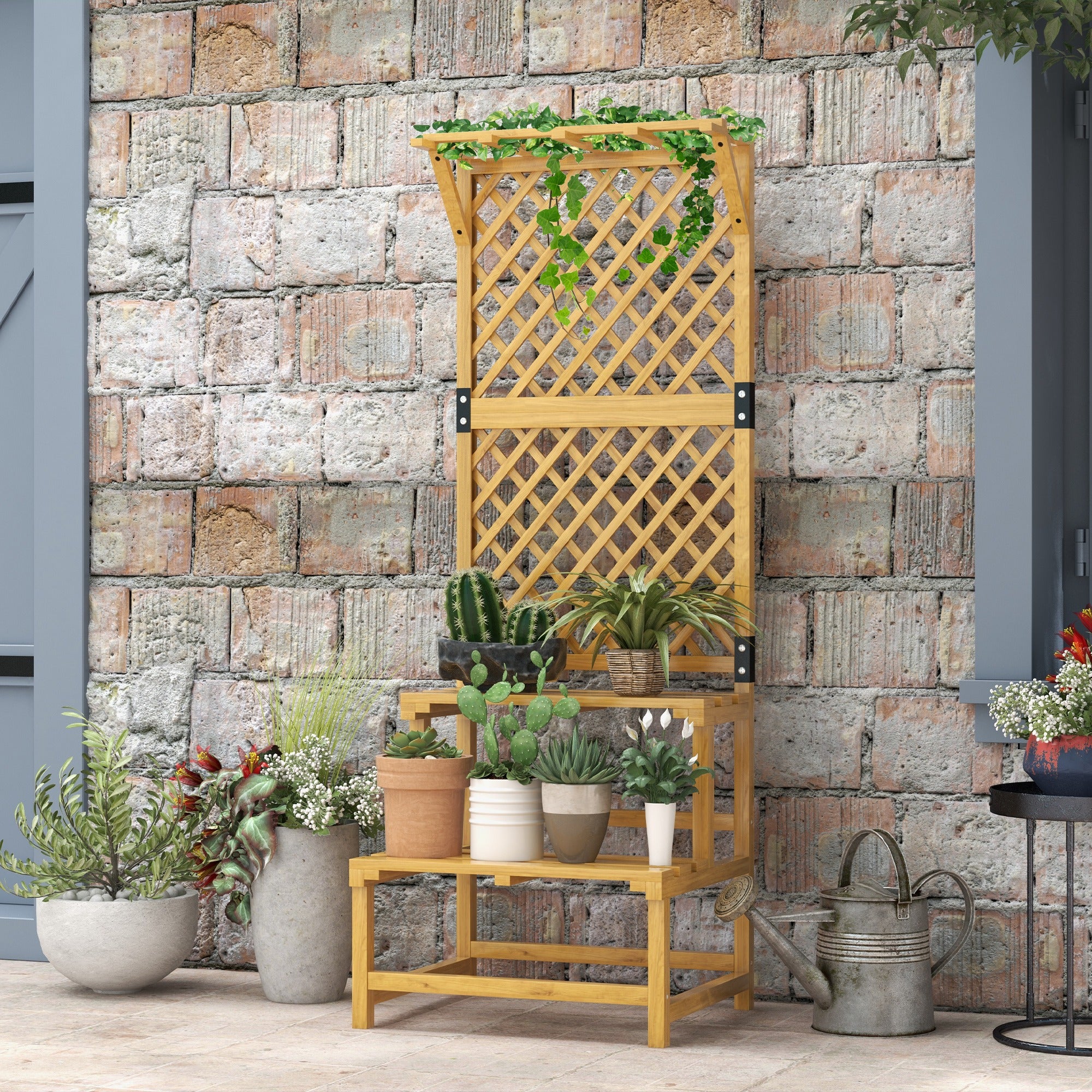 2-Tier Plant Stand with Trellis, 166 cm High Flower Stand for Indoor Outdoor, Wooden Plant Rack, Multi-tier Flower Stand, Flower Stairs for Living Room, Garden Balcony Decor, Yellow