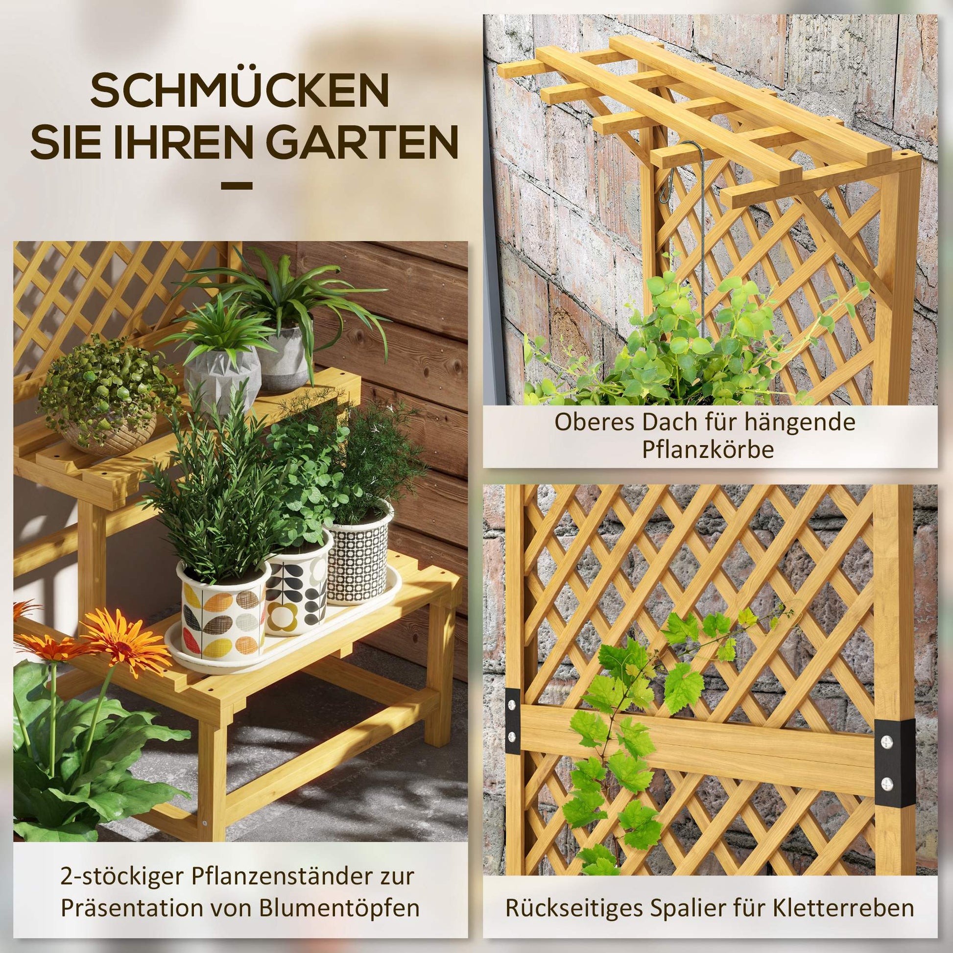 2-Tier Plant Stand with Trellis, 166 cm High Flower Stand for Indoor Outdoor, Wooden Plant Rack, Multi-tier Flower Stand, Flower Stairs for Living Room, Garden Balcony Decor, Yellow