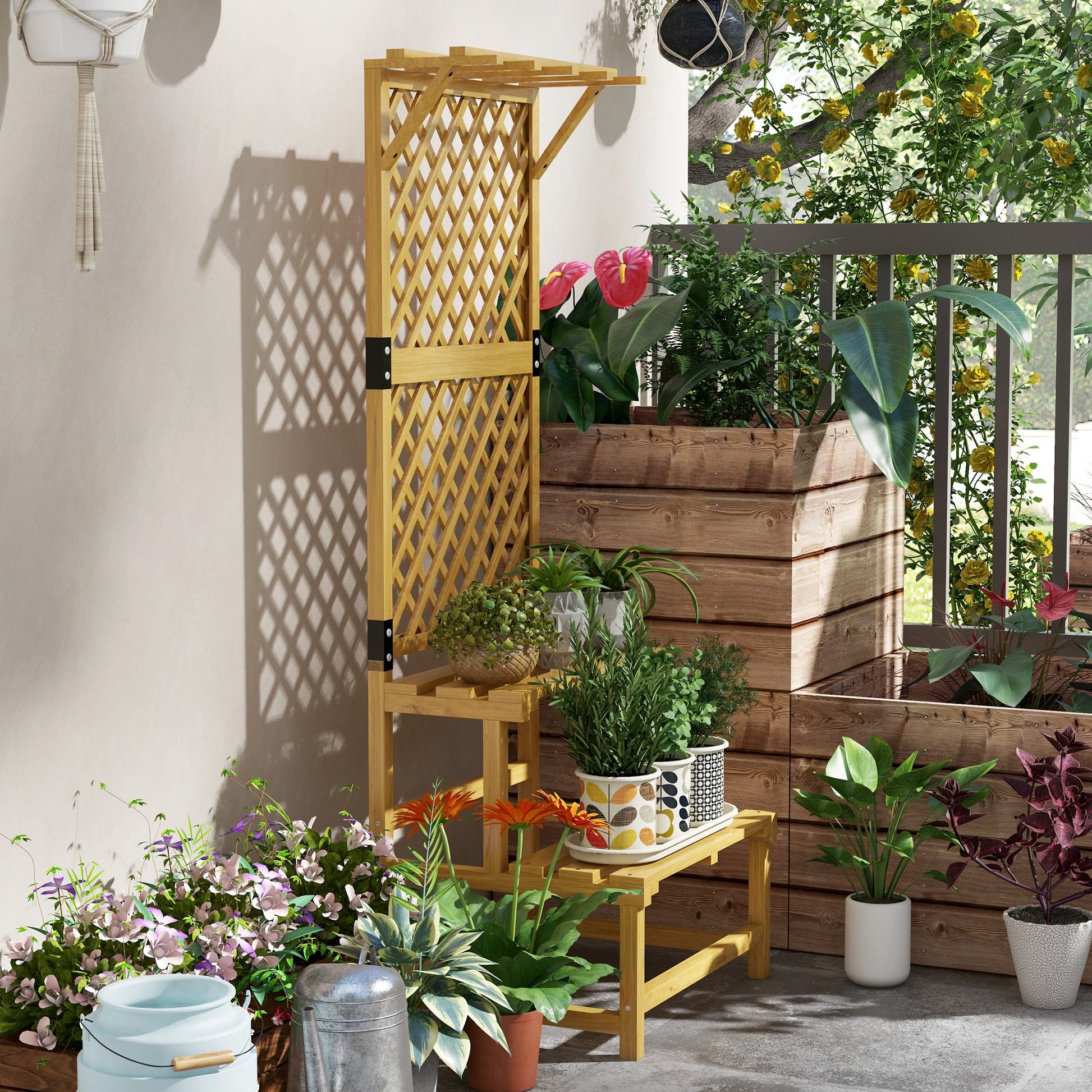2-Tier Plant Stand with Trellis, 166 cm High Flower Stand for Indoor Outdoor, Wooden Plant Rack, Multi-tier Flower Stand, Flower Stairs for Living Room, Garden Balcony Decor, Yellow