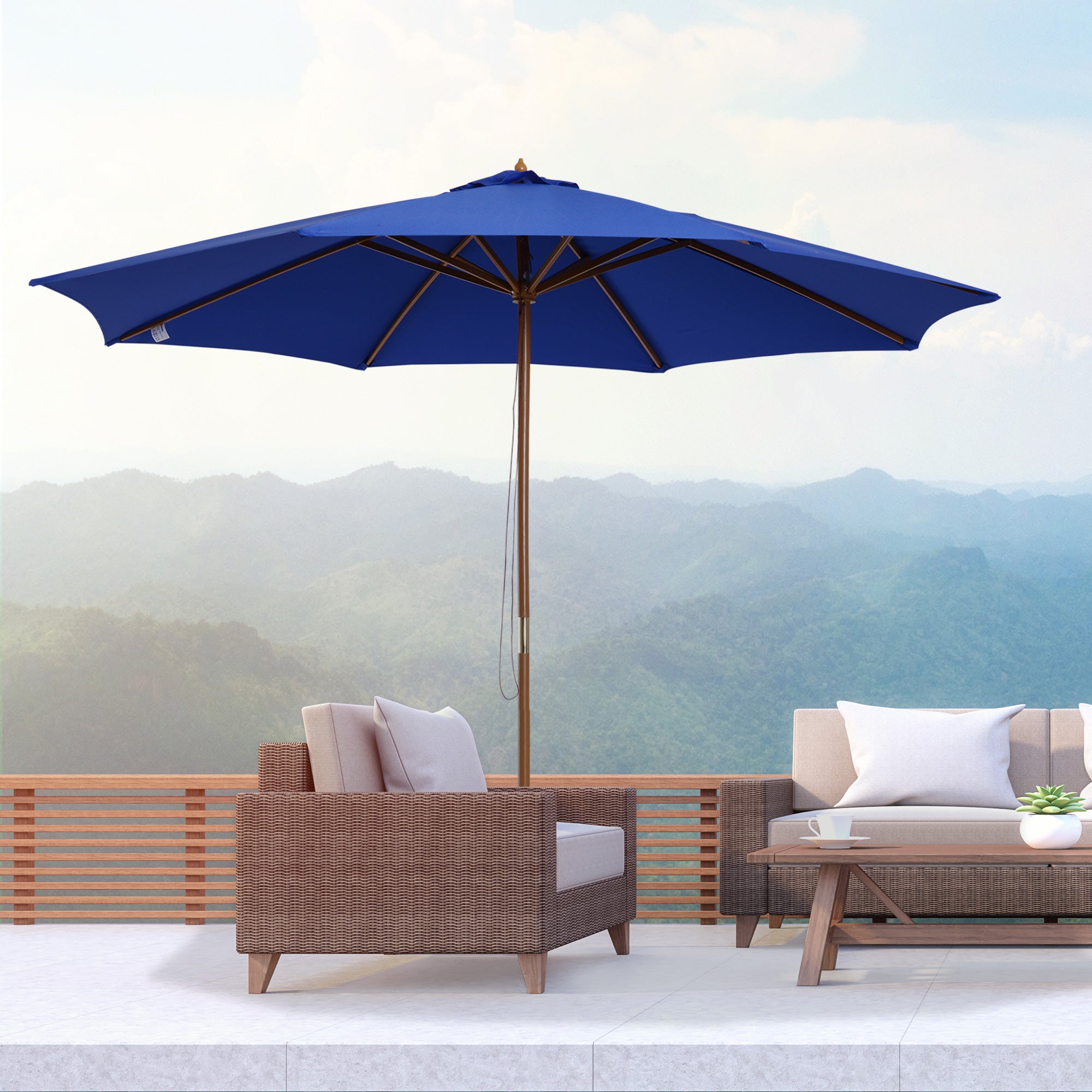 Sun Umbrella Ø 300 cm, Sun Umbrella with UV Protection Balcony Umbrella made of Wood Beach Umbrella Stable Market Umbrella Sun Protection for Beach Terrace Garden, Blue