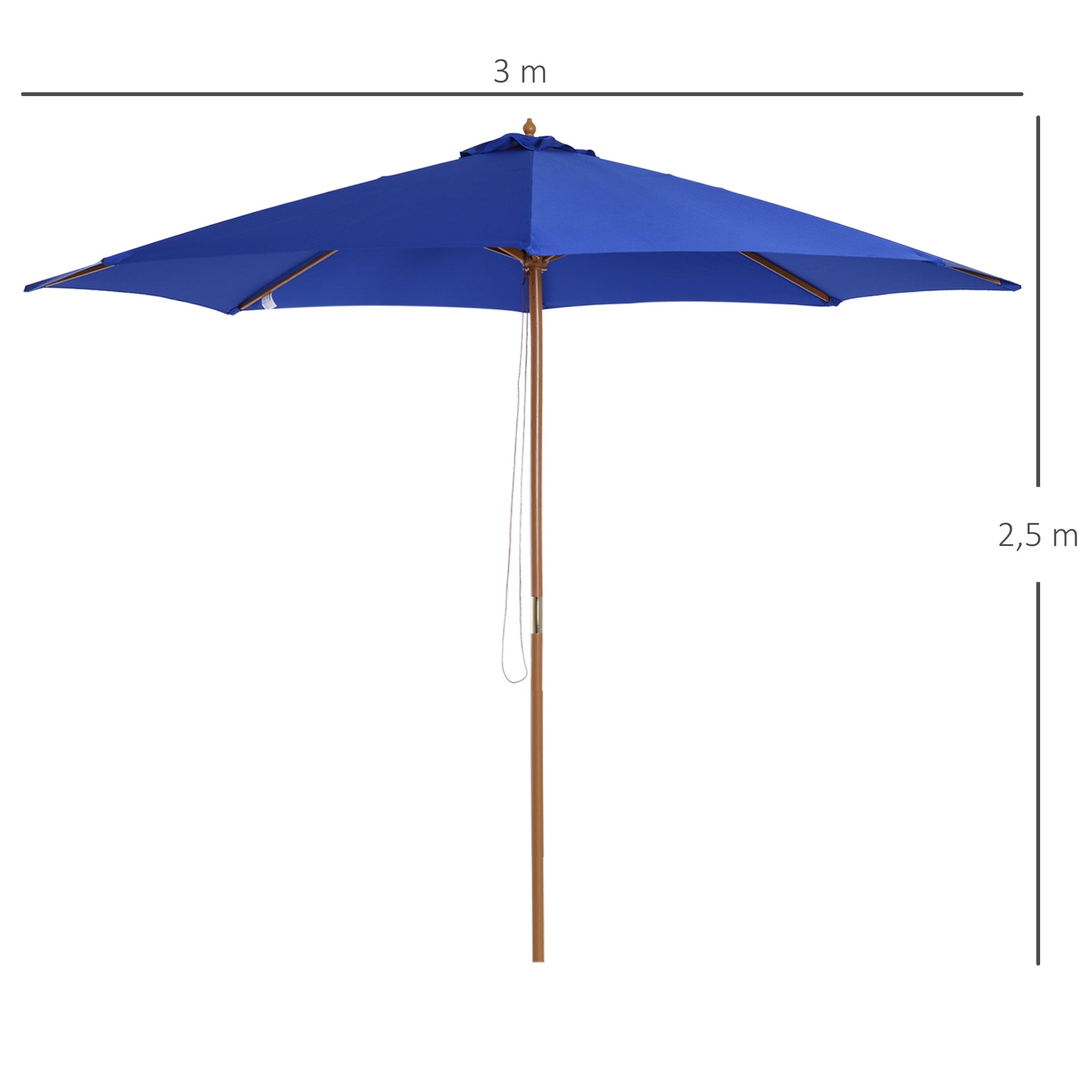 Sun Umbrella Ø 300 cm, Sun Umbrella with UV Protection Balcony Umbrella made of Wood Beach Umbrella Stable Market Umbrella Sun Protection for Beach Terrace Garden, Blue