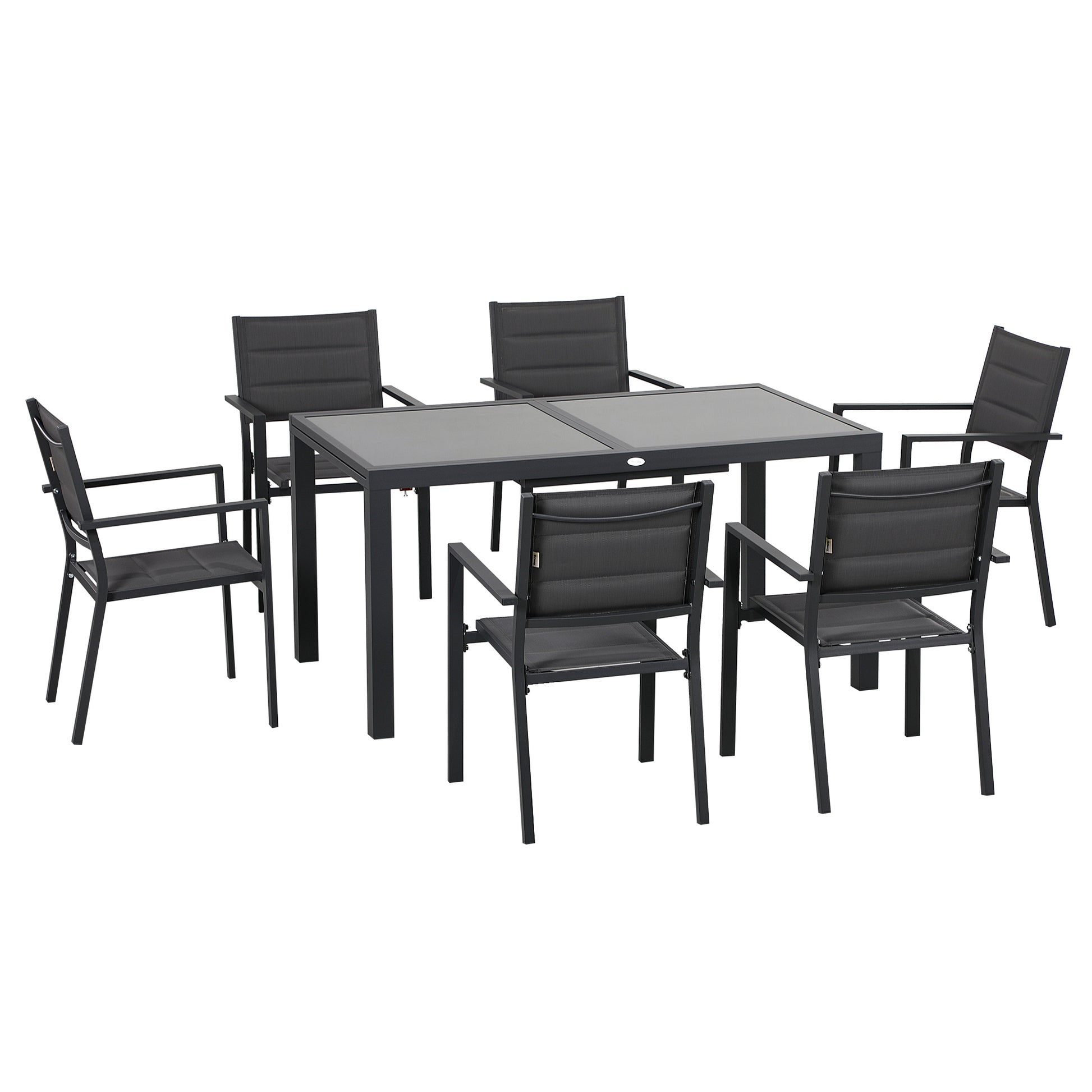Outdoor Garden Furniture Set in Aluminum and Textilene Extendable Table 6 Stackable Chairs 6 People - Table Dimensions 150/210L x 90W x 75H cm Gray
