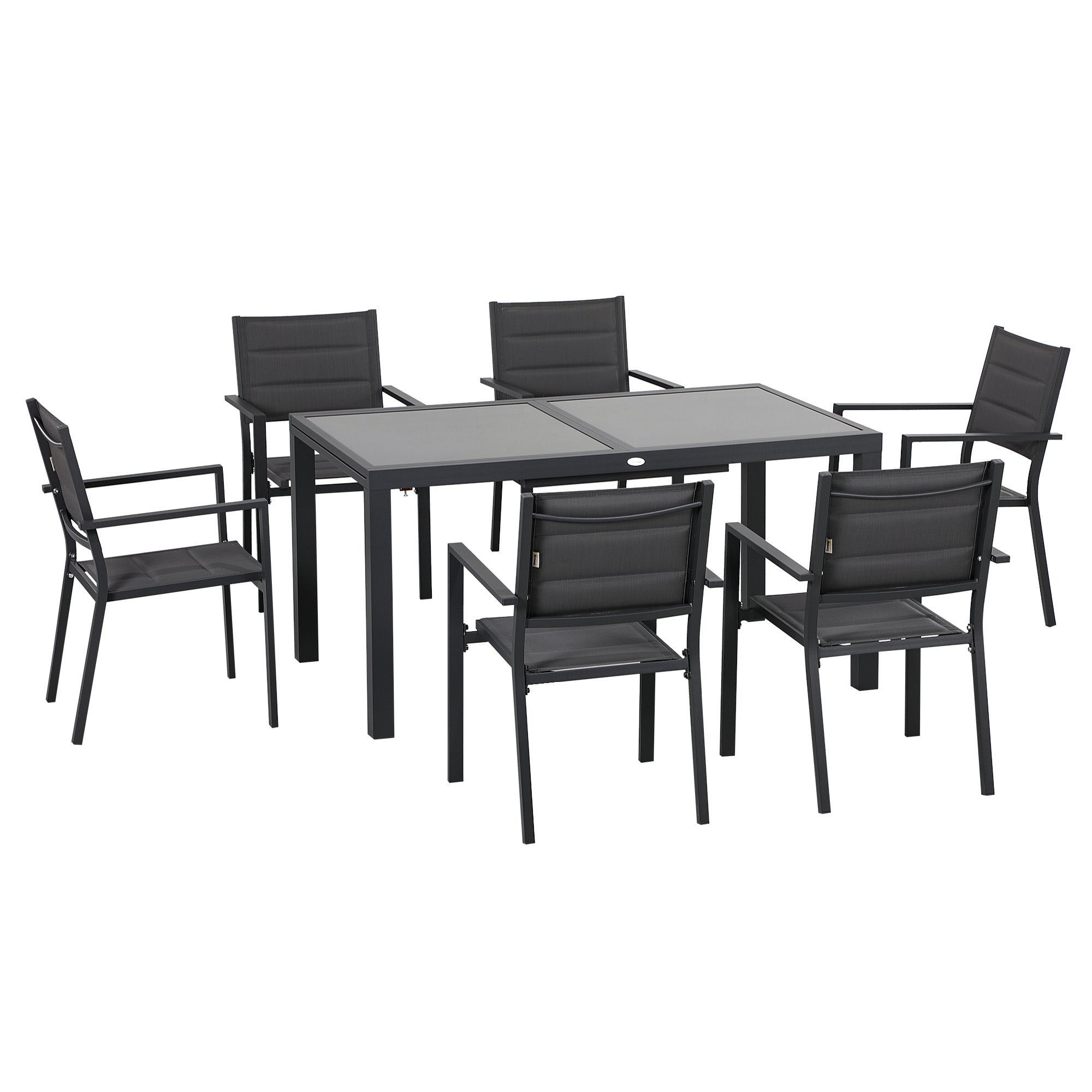 Outdoor Garden Furniture Set in Aluminum and Textilene Extendable Table 6 Stackable Chairs 6 People - Table Dimensions 150/210L x 90W x 75H cm Gray