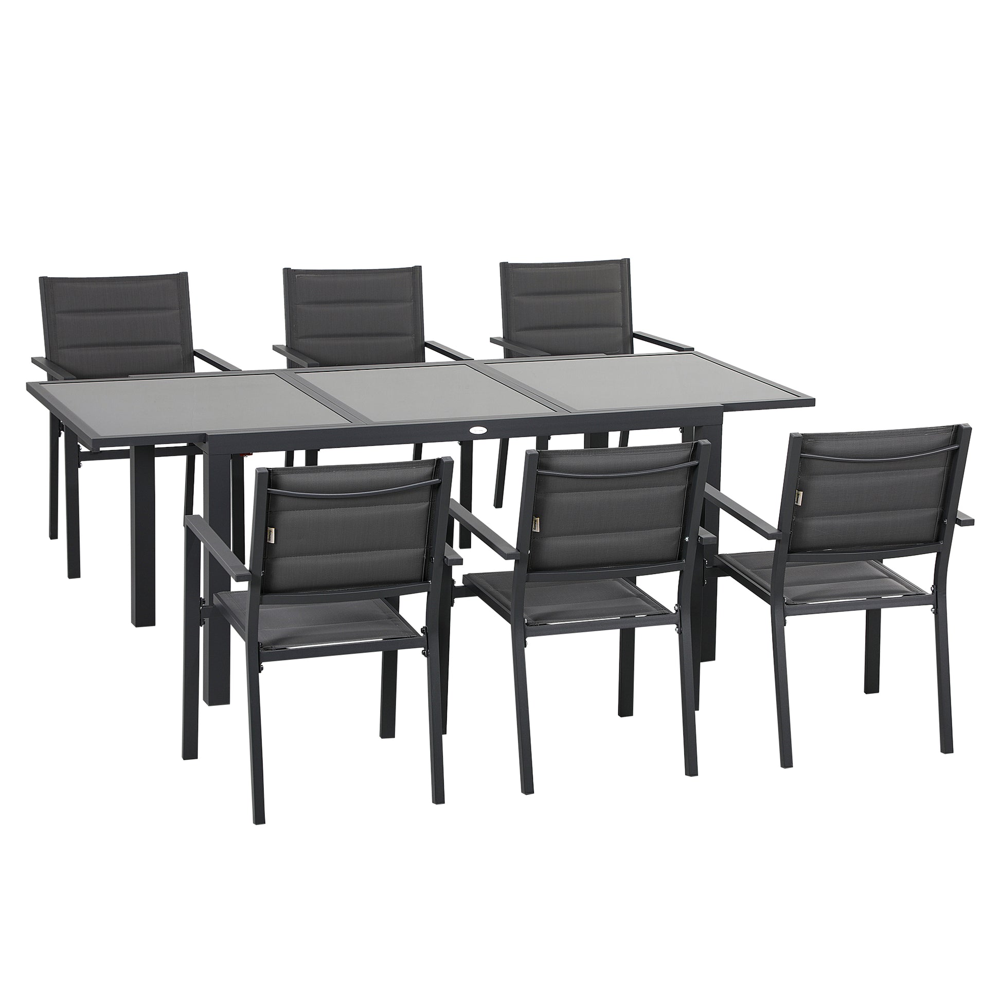 Outdoor Garden Furniture Set in Aluminum and Textilene Extendable Table 6 Stackable Chairs 6 People - Table Dimensions 150/210L x 90W x 75H cm Gray