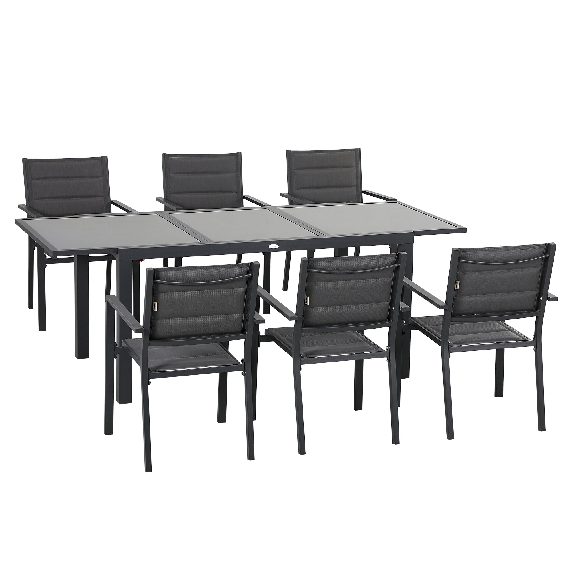 Outdoor Garden Furniture Set in Aluminum and Textilene Extendable Table 6 Stackable Chairs 6 People - Table Dimensions 150/210L x 90W x 75H cm Gray